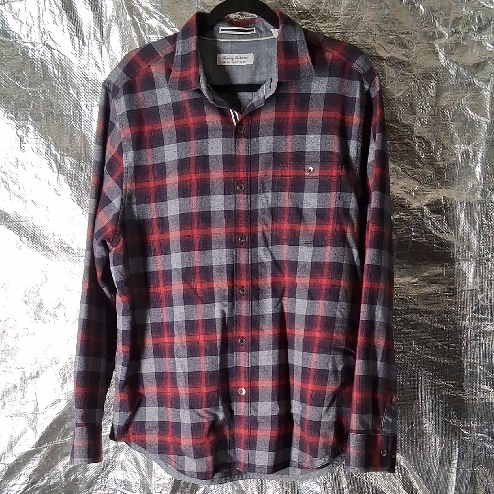 Tommy Bahama Red and Gray Plaid Shirt